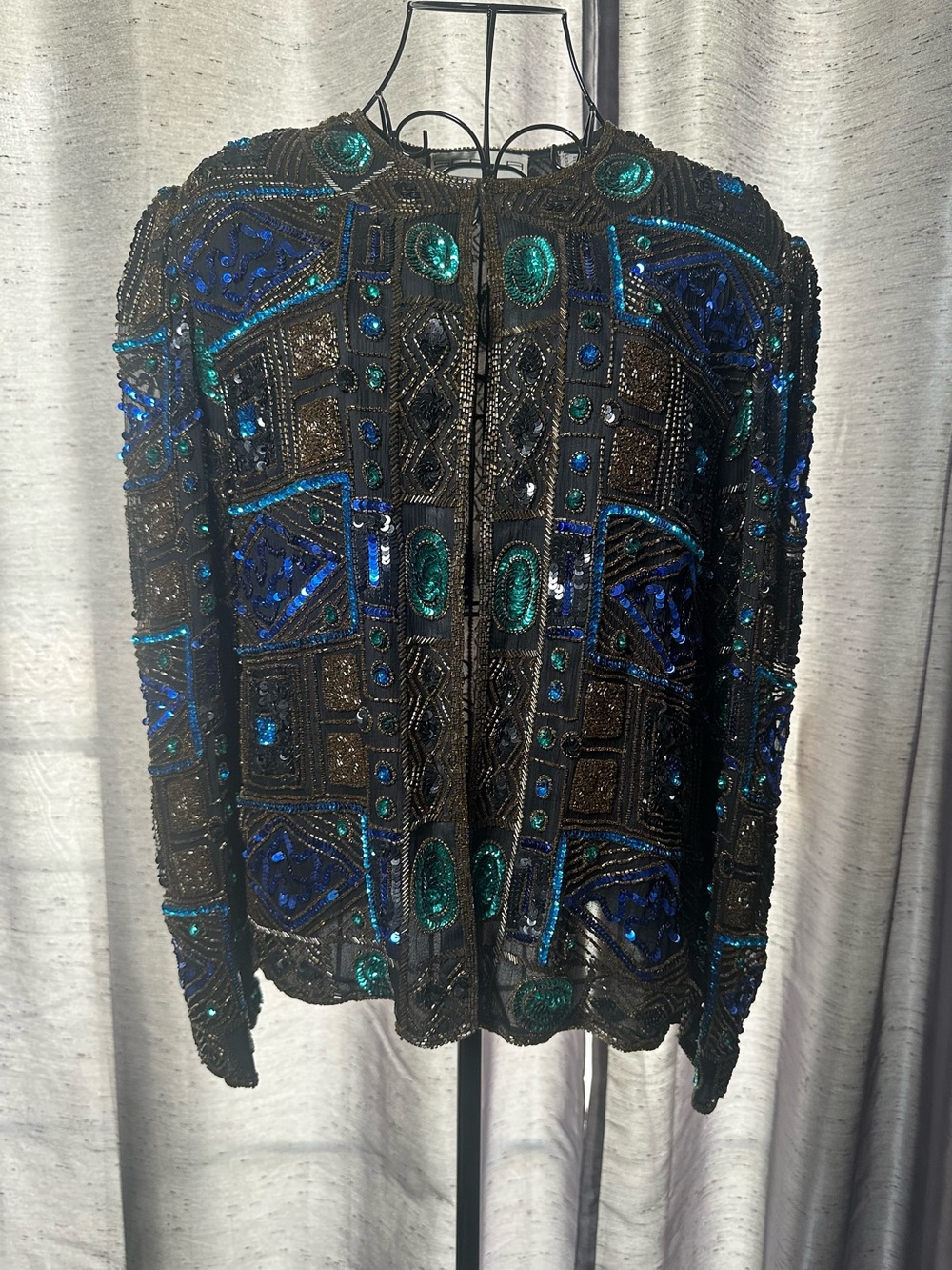 Vintage Scala Black Silk Jacket with Teal and Blue Beaded Embellishment